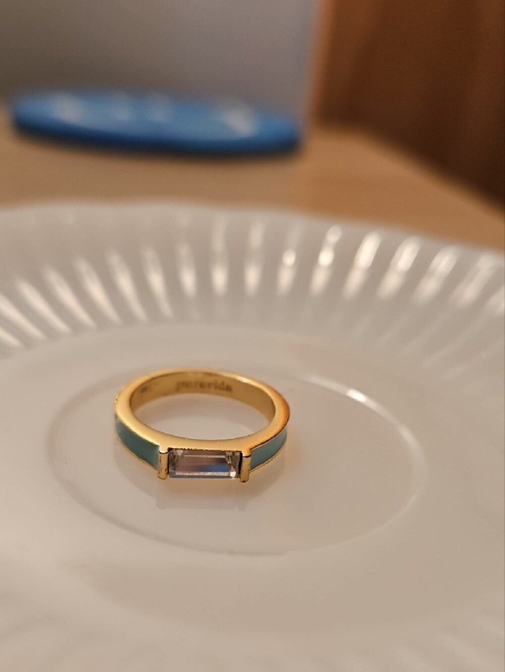 Pura Vida Gold Ring with Turquoise Inlay and Clear Stone - Picture 2 of 2